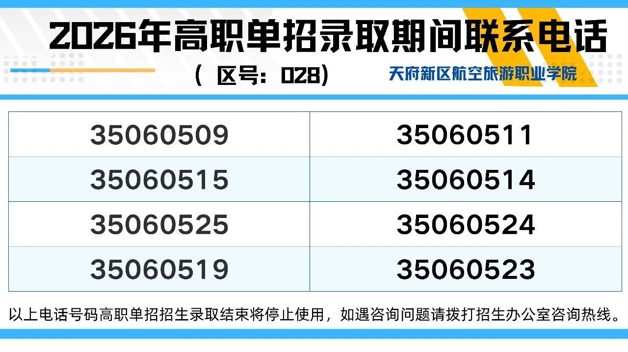 重要提醒！天府航院关于2026年高职单招招生录取现场启用电话号码的通知